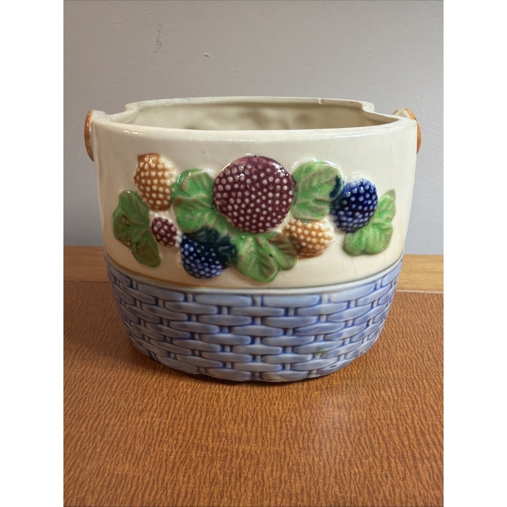 Vintage Ceramic Woven Basket with Berries Made in Japan